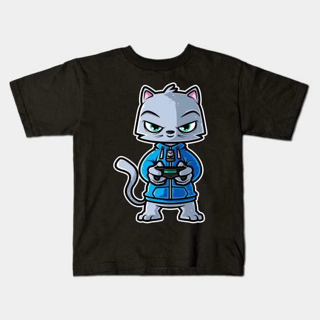 Video Games Nerd Kitten Cat Gaming - Gamer Gift print Kids T-Shirt by theodoros20